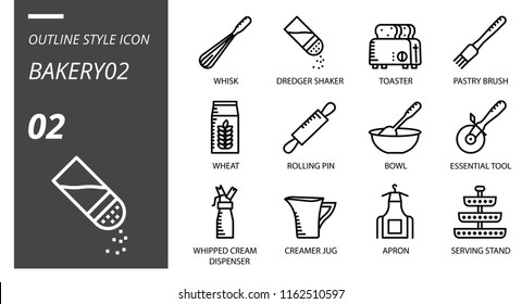 Outline style icon pack for bakery, whisk, dredger shaker, toaster, pastry brush, wheat, rolling pin, bowl, essential tool, whipped cream dispenser, creamer jug, apron, serving stand whisk, dredger