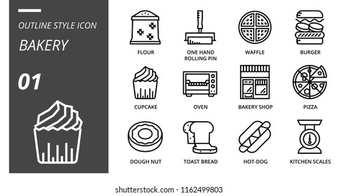 Outline style icon pack for bakey, balance, milk, chef hat, peeler, oven, syrup, fork, measuring spoons, spatula, measuring cup, mixer, ice cream toast.