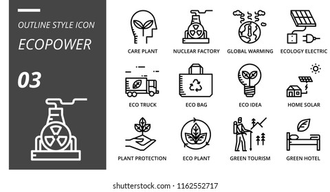 outline style icon pack for ecopower, care plant, nuclear factory, global warming, ecology electric, eco truck, eco bag, eco idea, home solar, plant protection, eco plant, green tourism, green hotel