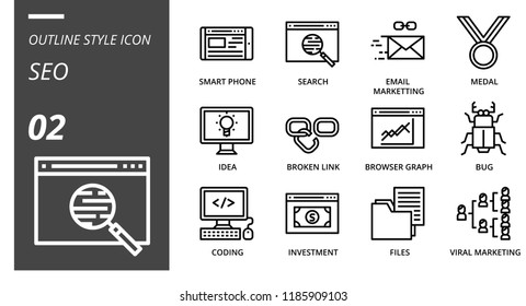 Outline style icon pack for seo, pay per click, pc, rank, targeting user, online shop, web megaphone, good content, browser interface, video, sitemap, link, network