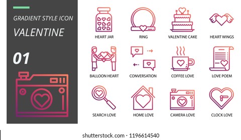 Outline style icon pack for valentine, heart jar, ring, valentine cake, heart wings, balloon heart, conversation, coffee love, love poem, search, home love, camera love, clock.