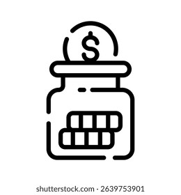 A outline style icon showing a savings jar outline with coins