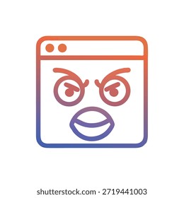 Ilustración de estilo de contorno de un emoji de ventana de navegador enojado con un relleno de degradado de naranja a azul sobre un fondo blanco.