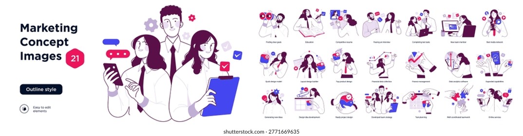 Outline style illustration bundle showing marketing concepts, digital communication, teamwork, analytics, education, career growth, and business productivity scenarios.