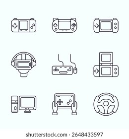 Outline style illustration of modern gaming devices including handheld consoles, desktop gaming setup, virtual reality headset, steering controller, gaming keyboard, tablet gamepad