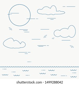 Outline style illustration of the ocean. Sun and clouds