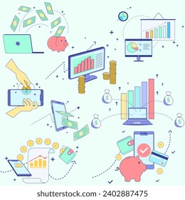 Outline Style Isometric Financial Technology Illustration