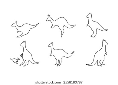 Outline style kangaroo with various kinds of movements isolated on white background