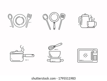 Outline style of kitchen tools icon collection isolated on white background. Kitchen equipment vector set