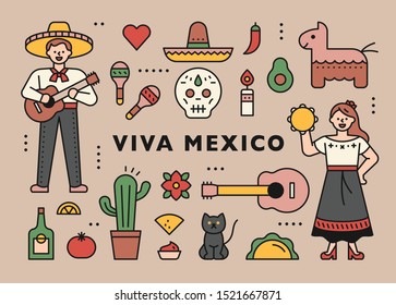 Outline style Mexican characters and iconic icons. flat design style minimal vector illustration.