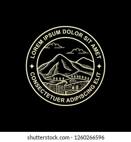 Outline style mountain design, illustration logo views of waterfalls and rivers