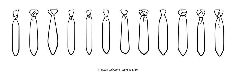 Outline style neckties of different knots big set isolated illustration. White background, vector.