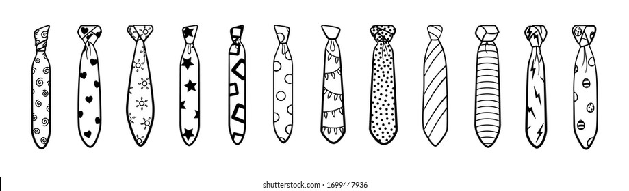 Outline style neckties with different knots and patterns big set isolated illustration. White background, vector.