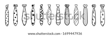 Outline style neckties with different knots and patterns big set isolated illustration. White background, vector.