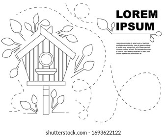 Outline style nesting box on wooden pole wooden birdhouse flat vector illustration on white background with leaves advertising flyer banner design