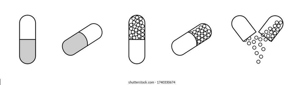 Outline style oval capsule pills set isolated illustration. Whole, broken and tilted tablets. White background, vector.