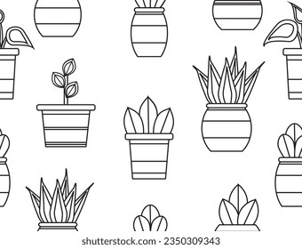 Outline Style Plants in pots vector seamless pattern on white background Fresh houseplants on pots illustrations Can be used for textile fabric prints, wallpapers wrapping papers for gifts packagings