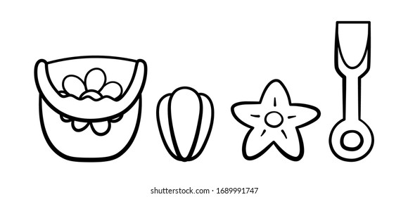 Outline style plastic bucket with a handle and flower drawing on it, children's shovel, sand molds in the shape of star and seashell. Toys for playing in the sandbox. White background, vector.