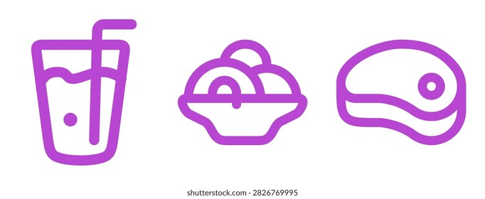 Outline style purple vector icons featuring a glass of juice, a bowl of ramen noodles, and a steak, ideal for restaurant menus, food blogs, healthy eating, and dietary graphic designs.