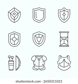 Outline Style RPG icons showcasing shields, armor, arrows, and hourglass timers. Perfect for role playing games, UI elements, and fantasy inventory design