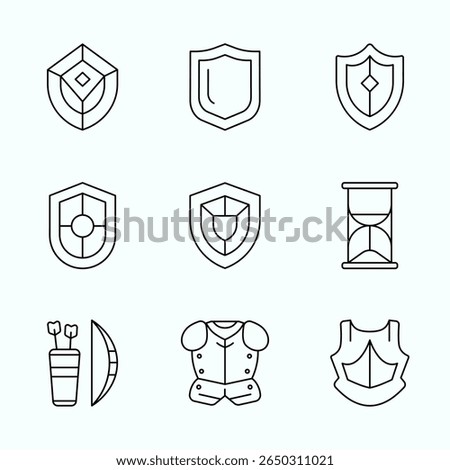 Outline Style RPG icons showcasing shields, armor, arrows, and hourglass timers. Perfect for role playing games, UI elements, and fantasy inventory design
