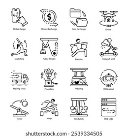 Conjunto de 16 ícones de forças de movimento em contorno 

