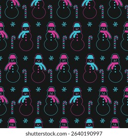 Outline style snowman and snowflakes vector seamless pattern Winter, New Year and Christmas Texture Creative neon gift wrapping paper design, wallpaper, fabric textile prints, card or banner template