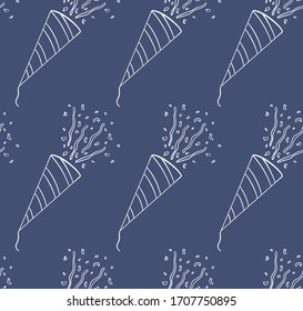 Outline style stripped cone confetti petards for holiday party seamless pattern. Decoration for greeting card, wrapper and textile. Blue background, vector.