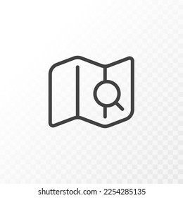 Outline style ui icons collection. Vector black linear illustration. Map with magnifying glass navigation and travel line symbol isolated on background. Design element.