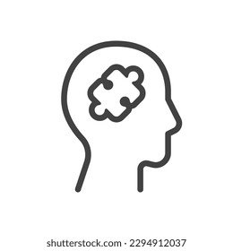 Outline style ui icons education and school class collection. Vector black linear illustration. Head with jigsaw puzzle piece brain symbol isolated on white background. Design element for psychology