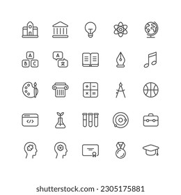 Outline style ui icons education and school class collection. Vector black linear icon illustration set. Science subject, building, art and book symbol. Design element for stem, biology, chemistry