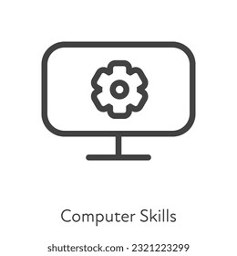 Outline style ui icons hard skill collection. Technical and IT. Vector black linear icon illustration. Computer skill monitor with gear wheel symbol isolated on white background. Design element