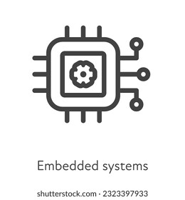 Outline style ui icons hard skill collection. Technical and IT. Vector black linear icon illustration. Embedded system computer chip with gear and connection symbol isolated on white background.