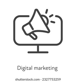 Outline style ui icons hard skill collection. Advertisment in business. Vector black linear icon illustration. Megaphone on computer screen digital marketing symbol isolated on white background.