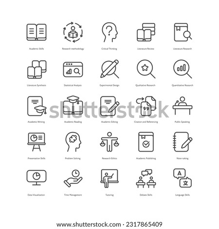 Outline style ui icons hard science skill collection. Vector black linear icon illustration set. Academic, research, education scientist competance symbol isolated on white. Design for education