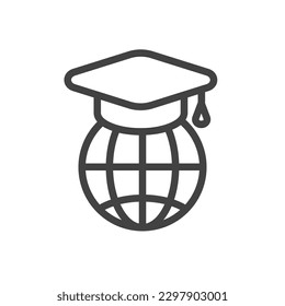 Outline style ui icons online education and training course collection. Vector black linear illustration. Magister hat on globe graduation symbol isolated. Design for global college, university