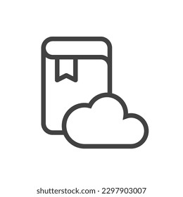 Outline style ui icons online education and training course collection. Vector black linear illustration. Book with cloud symbol isolated on white background. Design element for library, college