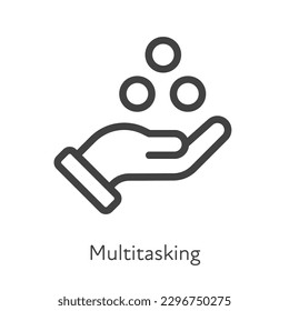 Outline style ui icons soft skill for business collection. Vector black linear illustration. Multitasking. Human hand hold different ball task symbol isolated. Design for corporate training