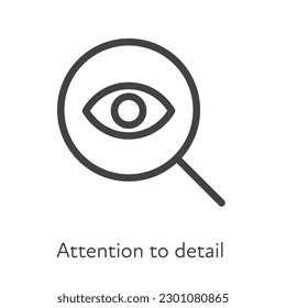 Outline style ui icons soft skill for business collection. Vector black linear illustration. Attention to detail. Magnifier glass with eye symbol isolated. Design for corporate training