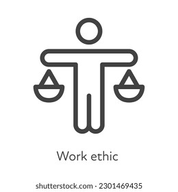 Outline style ui icons soft skill for business collection. Vector black linear illustration. Work ethic. Man with balance scale symbol isolated. Design for corporate training