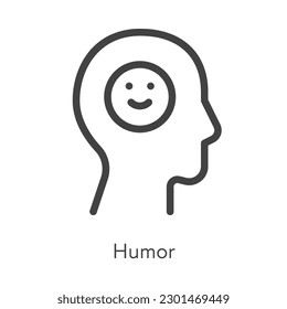 Estilo de esquema ui iconos de habilidad suave para la colección de negocios. Ilustración lineal negra del vector. Humor. Vista de la cabeza humana con símbolo de sonrisa aislado. Diseño para la formación corporativa