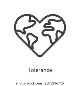 Outline style ui icons soft skill for business collection. Vector black linear illustration. Tolerance. Planet Earth map win heart shape symbol isolated on white. Design for corporate training