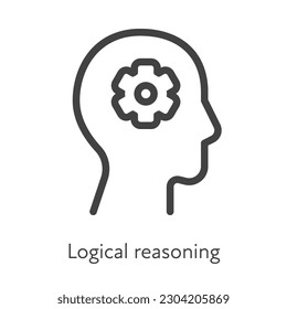 Outline style ui icons soft skill for business collection. Vector black linear illustration. Logical reasoning. Human head profile with cog gear logic symbol on white. Design for corporate training