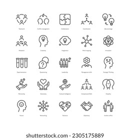 Outline Stil ui Icons Soft Skill for Business Collection. Lineares Vektorgrafik-Symbol-Set für Vektorgrafik. Konzept der Fähigkeiten für Arbeitseffizienzsymbol einzeln. Design für die betriebliche Ausbildung