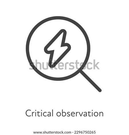 Outline style ui icons soft skill for business collection. Vector black linear illustration. Critical observation. Magnifying glass with lightning energy symbol isolated. Design for corporate training