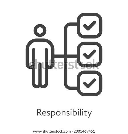 Outline style ui icons soft skill for business collection. Vector black linear illustration. Responsibility. Man with task management and check mark symbol isolated. Design for corporate training