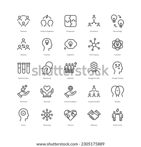 Outline style ui icons soft skill for business collection. Vector black linear icon illustration set. Concept of abilities for work efficiency symbol isolated. Design for corporate training