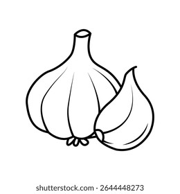 A outline style vector illustration of a garlic bulb and clove, perfect for culinary designs, recipes, and food-related projects. Isolated on white.