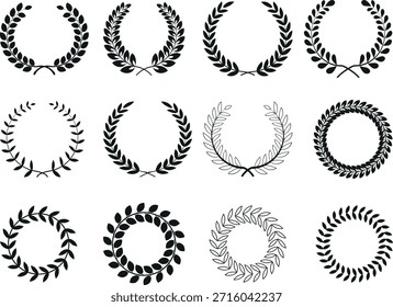 Conjunto de Vector de estilo de contorno de coronas y ramas de laurel comúnmente utilizadas para representar logros, victorias, honores y diseños de emblemas clásicos.
