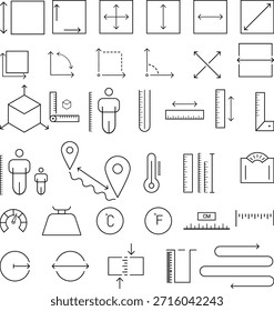 Conjunto de Vectores de estilo de contorno que incluyen escala, Regla, líneas de dimensión, flechas, temperatura y símbolos de medición técnica utilizados en contextos de diseño e ingeniería.